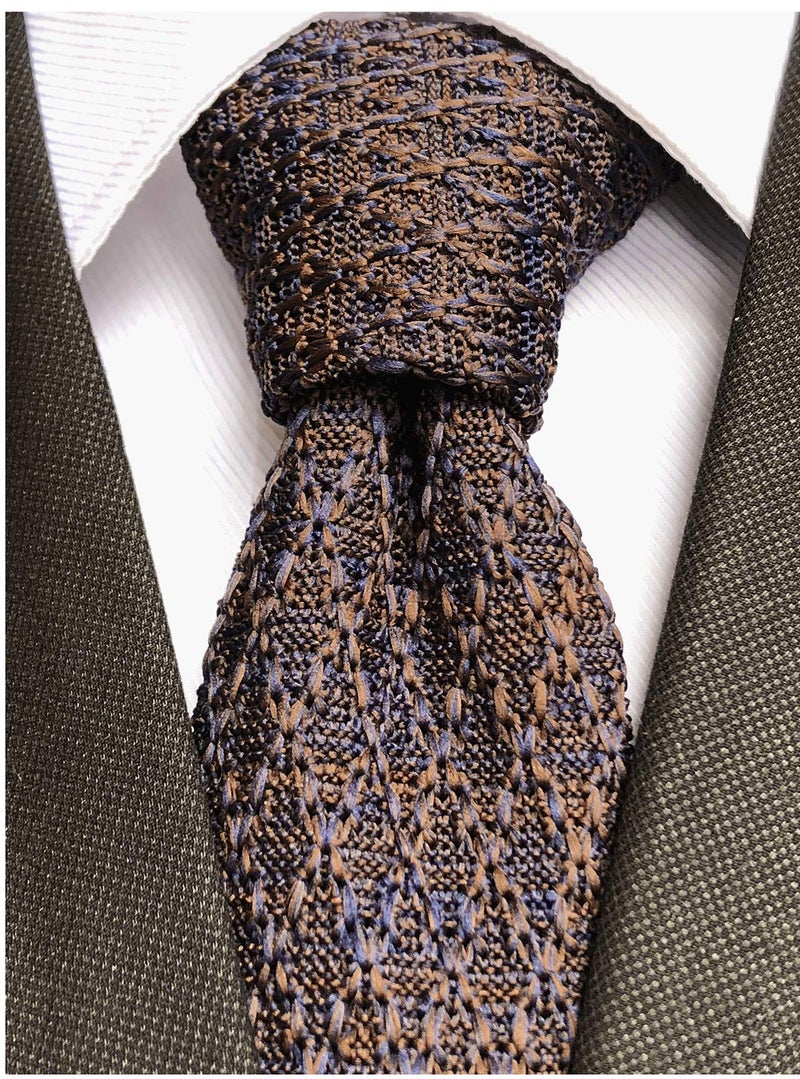 Elfeves Men's Novelty Skinny Knit Tie Vintage Smart Patterned Formal Necktie for Groom (One Size, Brown Navy) - Image 2